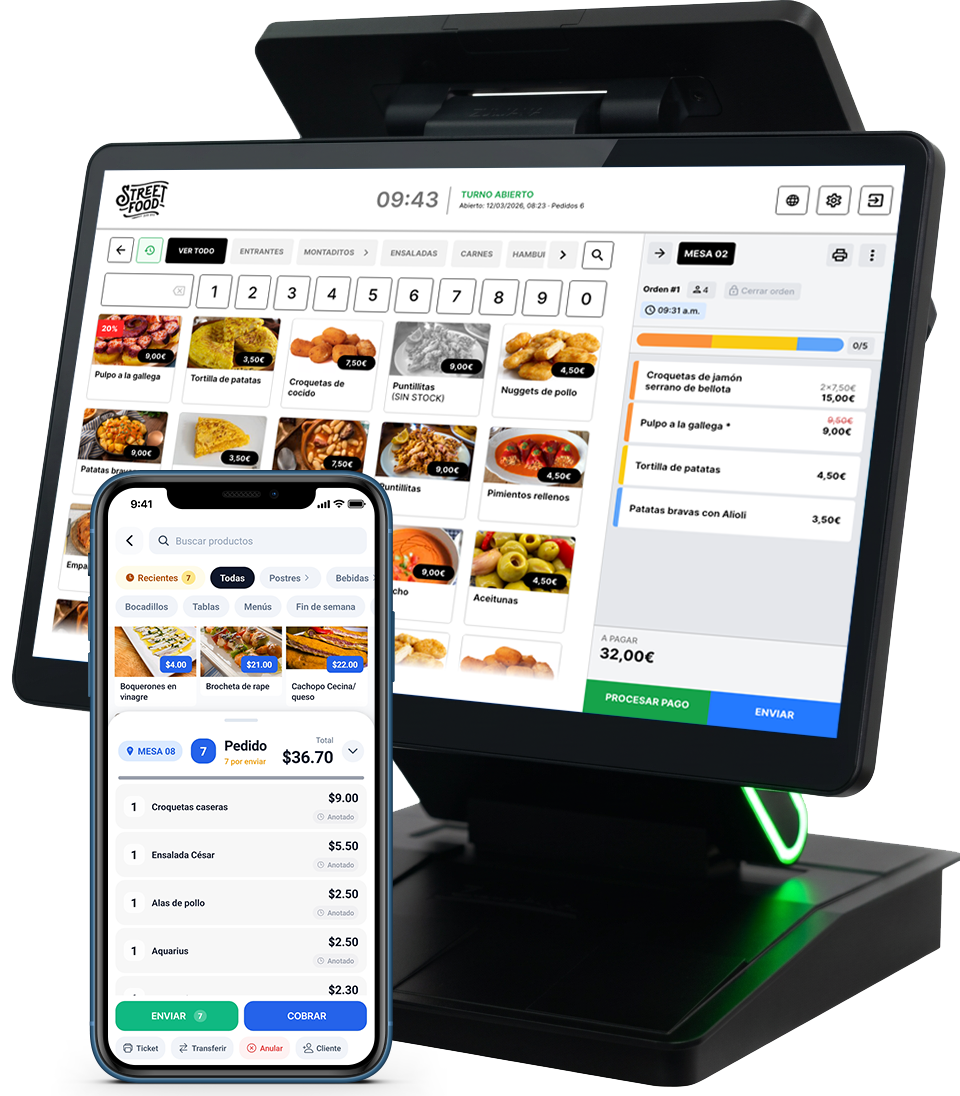 TPV táctil AtlantePOS con app móvil para tomar pedidos